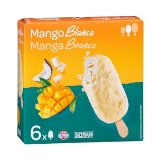 Helado bombón mango blanco Hacendado con salsa de mango